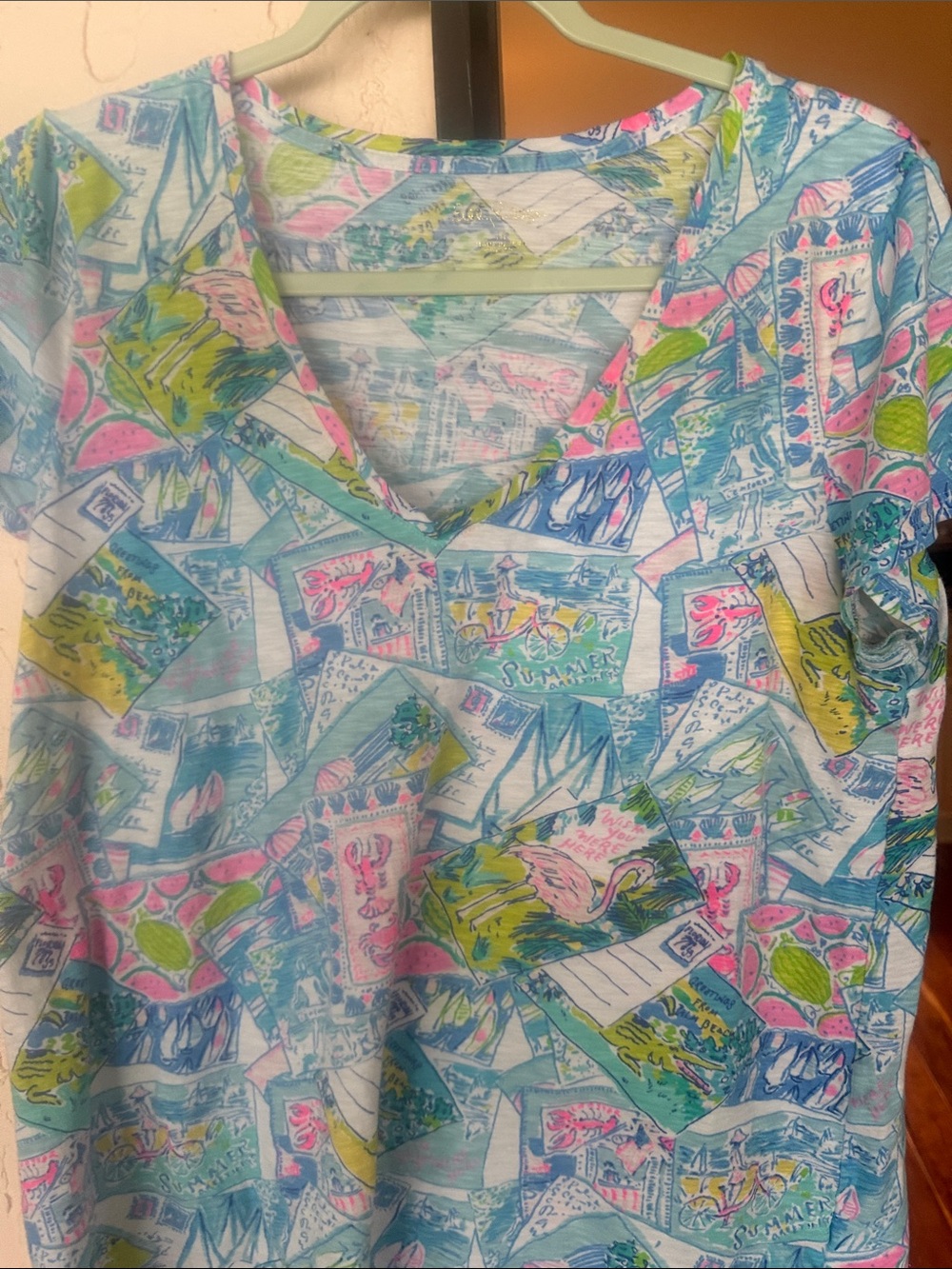 Lilly Pulitzer Light Blue Postcard-Print V-Neck Tee